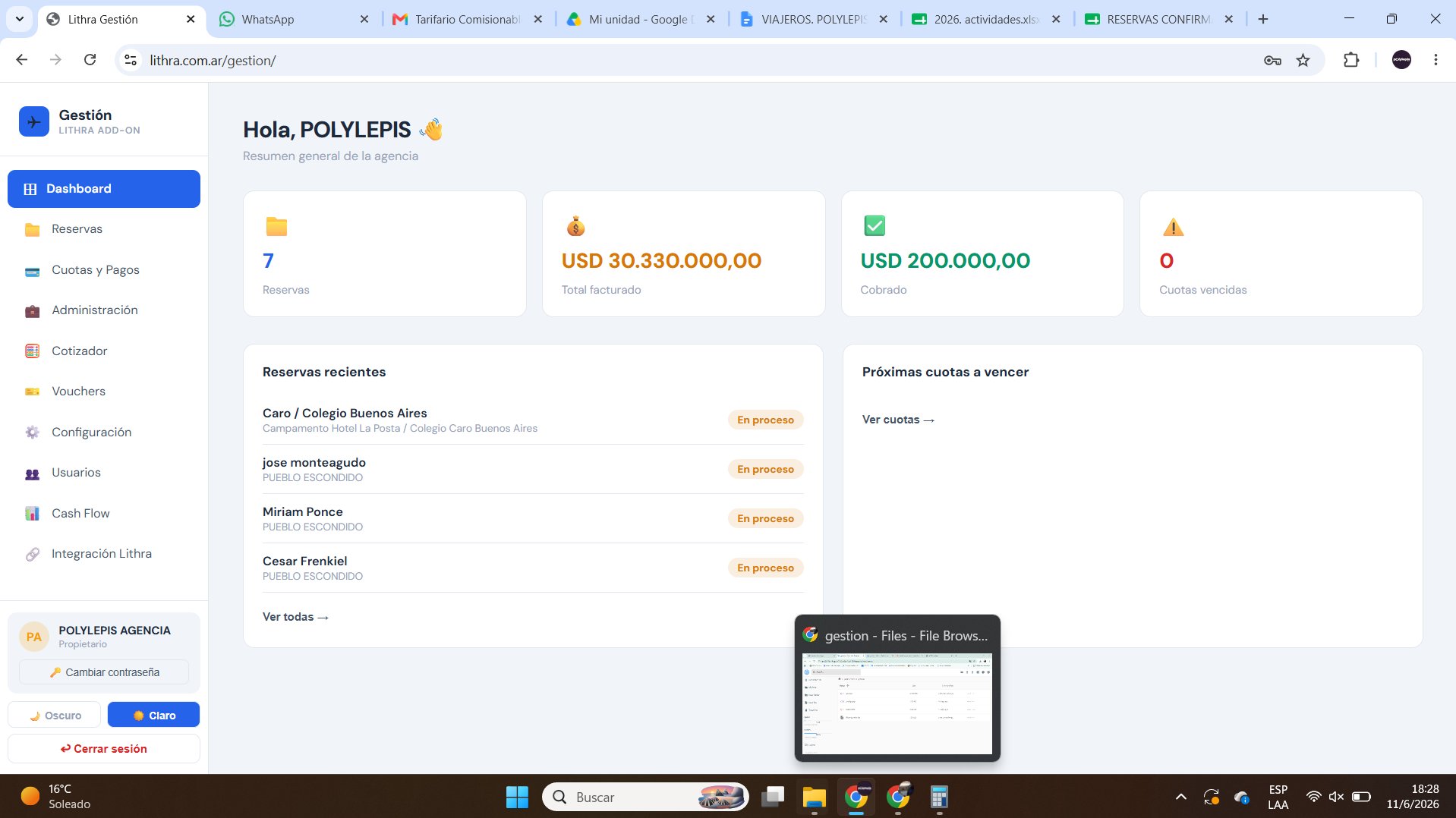 Panel de Lithra Gestión mostrando reservas, total facturado y cuotas por vencer